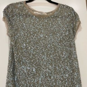 All Saints Hand Embellished tan/grey/light blue blouse Size 8